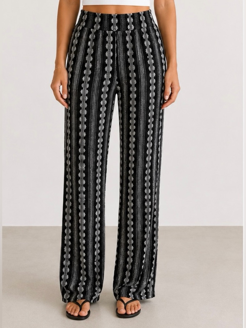 Three Dots Black White Boho Stripe Flowy Pants Pull On Rayon Medium